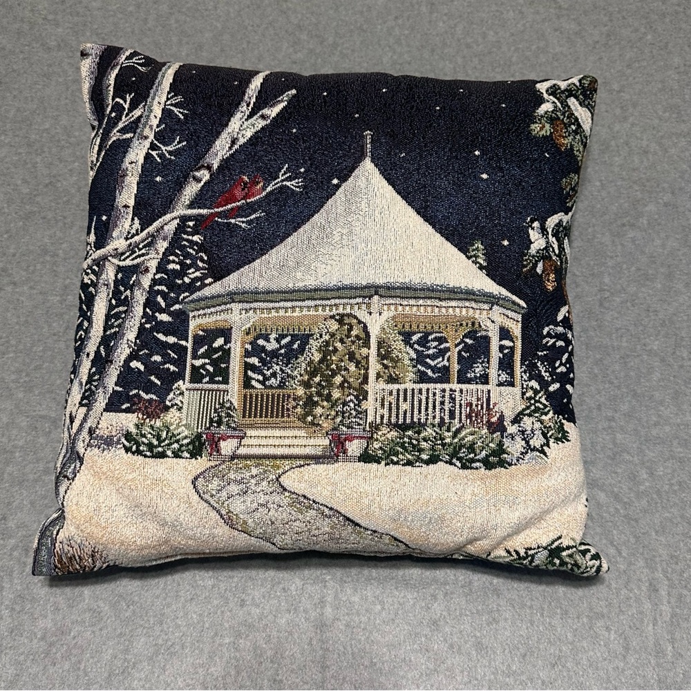 Vintage Christmas Throw Pillow Woven Tapestry Winter Scene Cardinal Snow Gazebo